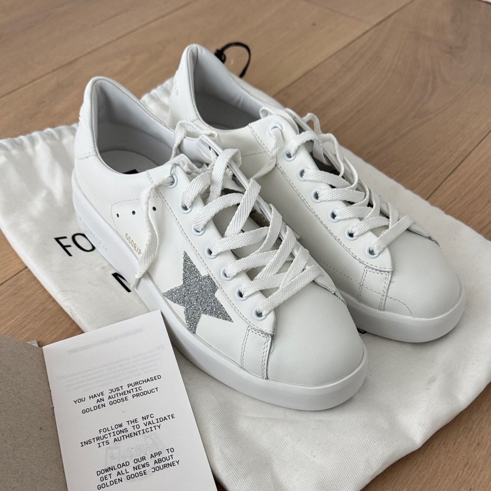 Golden Goose Purestar in white leather w silver Swarovski crystal star size 39